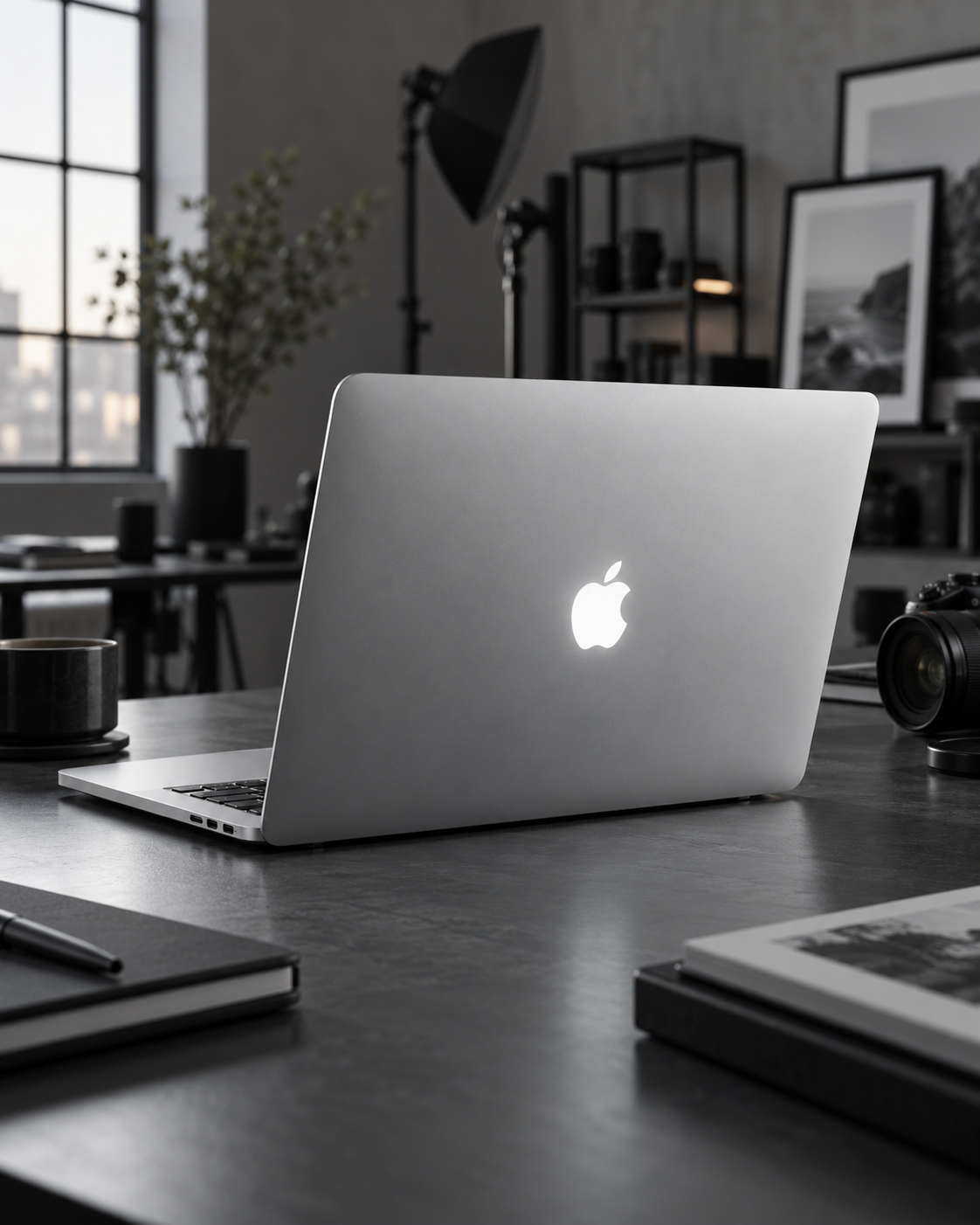 MacBook visto desde atrás en un estudio